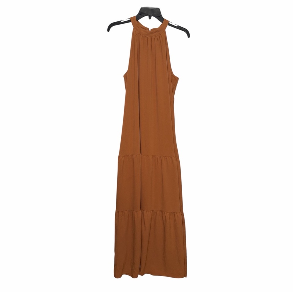 Pretty Garden Tiered Sleeveless Halter Maxi Dress Size Large Belted Rust Brown - Picture 2 of 7